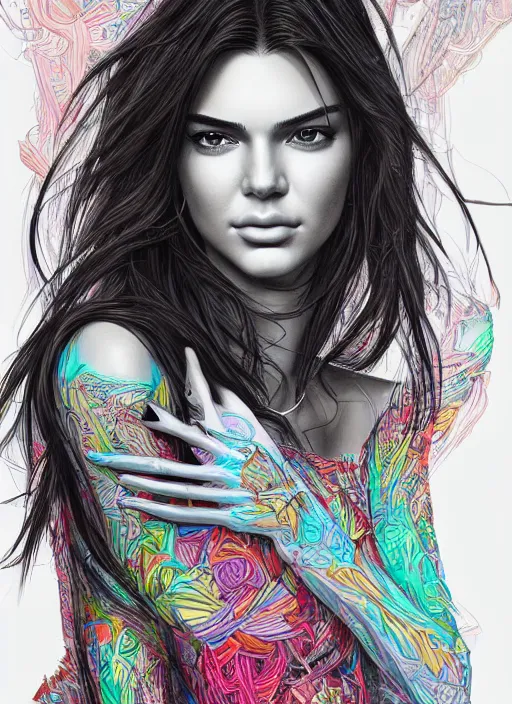 Prompt: portrait of kendall jenner an ultrafine detailed illustration by james jean, intricate linework, bright colors, final fantasy, behance contest winner, vanitas, angular, altermodern, unreal engine 5 highly rendered, global illumination, radiant light, detailed and intricate environment