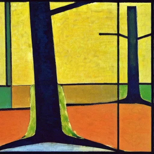 Image similar to a painting of trees with a yellow background, an art deco painting by mondrian, featured on pixiv, synthetism, fauvism, creative commons attribution, academic art