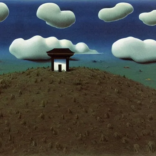 Prompt: A Surreal Landscape by Charles Addams and René Magritte