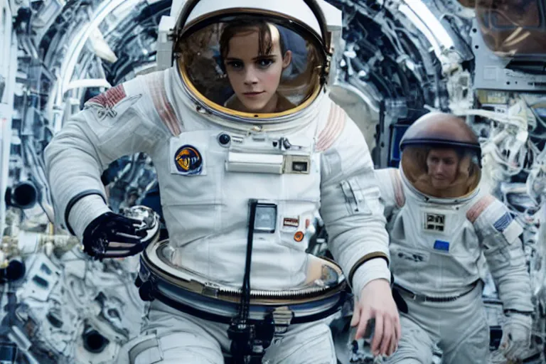Prompt: promotional image of Emma Watson as an astronaut in Interstellar (2014 film), detailed face, movie still, promotional image, imax 70 mm footage