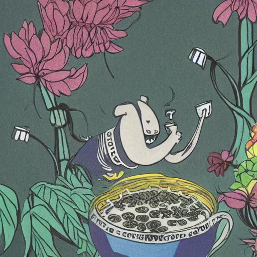 Image similar to highly detailed illustration of friendly monsters laughing and dancing around beautiful steaming cups of coffee, amongst coffee beans and flowers, and rainbows in the style of Japanese illustration, Maurice Sendak, Tove Jansson