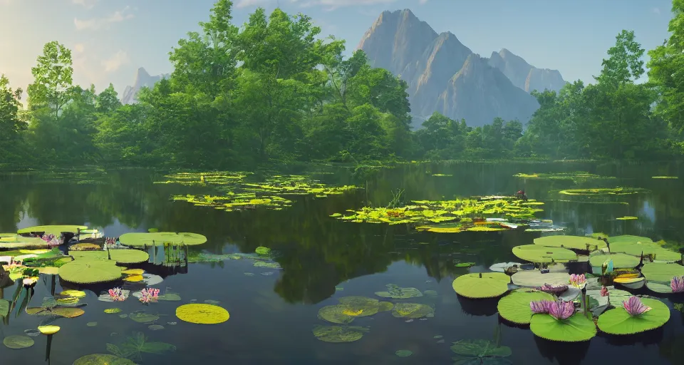 Image similar to A beautiful calm pond full of lilypads infront of a scenic mountain range, rendered by Beeple, Makoto Shinkai, syd meade, simon stålenhag, environment concept, digital art, unreal engine, WLOP, trending on artstation, low level, 4K UHD image, octane render,