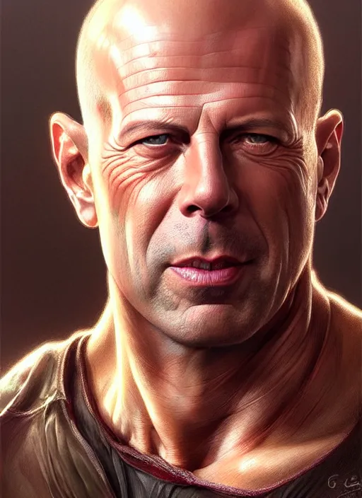 Image similar to Portrait of Bruce Willis, D&D, muscular, fantasy, intricate, elegant, highly detailed, digital painting, artstation, concept art, smooth, sharp focus, illustration, art by artgerm and greg rutkowski and alphonse mucha