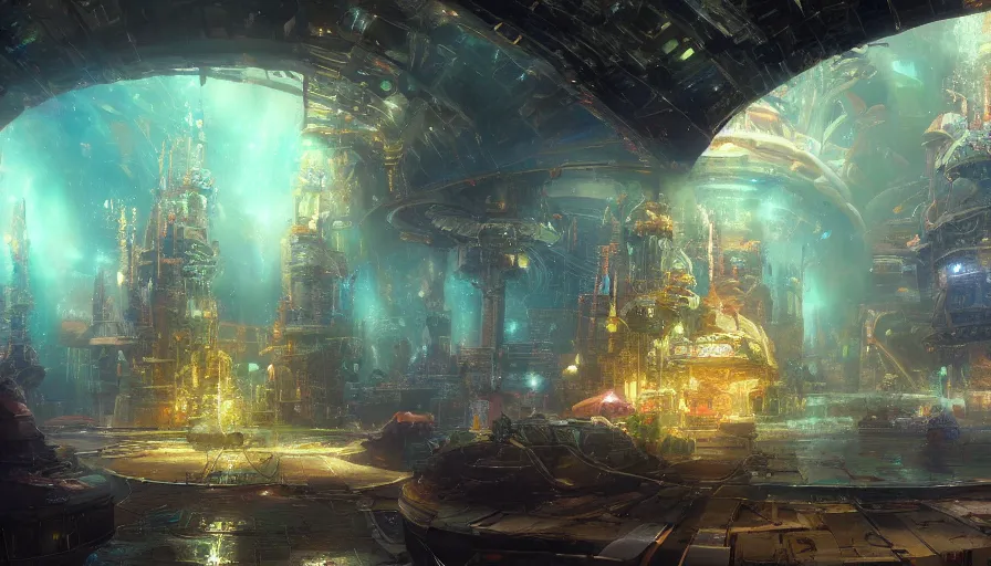 Prompt: Underwater city under a dome with neons by Craig Mullins, hyperdetailed, artstation, cgsociety, 8k