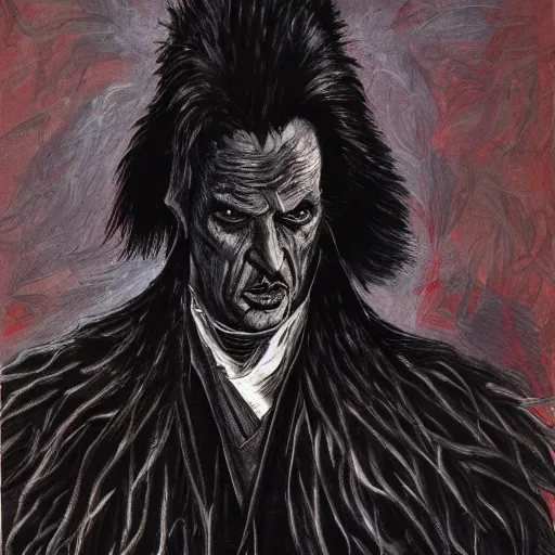 Image similar to vincent price as billionaire howard hughes in long black feathered cloak, black hands tipped with black claws, feathers growing out of skin, being abusive and angry, vivid, mike mignogna, illustration, dynamic and dramatic, highly detailed, rough paper, dark, oil painting