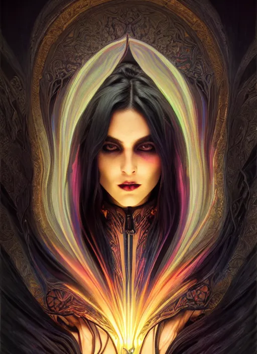 Image similar to book cover, front portrait, dark witch with black hood and evil eyes, realism, soft, smooth, luminescent, art nouveau tarot, backlit glow, colorful swirly ripples, gaudy colors, aesthetic octane render, unreal engine, 8 k, by artgerm, greg rutkowski, alphonse mucha