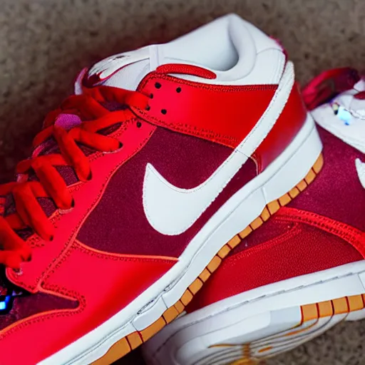 Image similar to a press photograph of nike dunk low red and white, size 1 0, white background