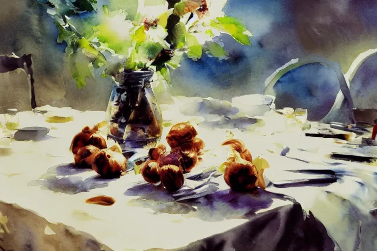 Prompt: paint brush strokes, abstract watercolor painting of hazelnuts on tablecloth, leaves, art by hans dahl, by jesper ejsing, art by anders zorn, wonderful masterpiece by greg rutkowski, cinematic light, american romanticism by greg manchess, creation by tyler edlin