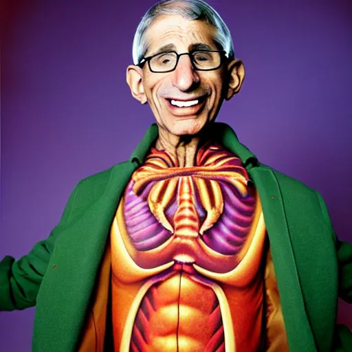 Image similar to uhd photorealisitc candid photo of anthony fauci wearing hyperdetailed slim goodbody costume. correct coostume. correct face, accurate face. photo by annie leibowitz and steve mccurry