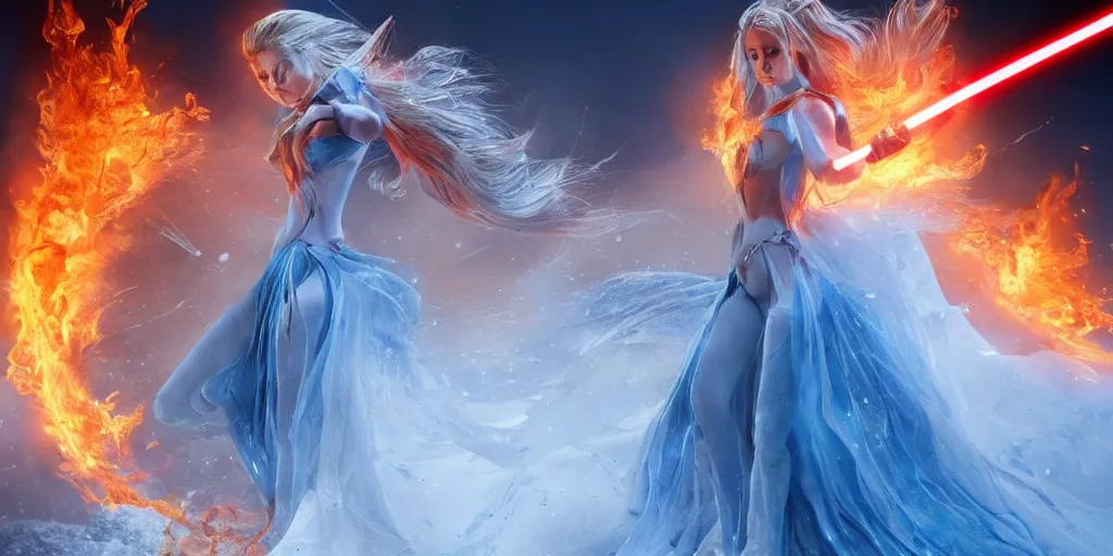 Prompt: extraordinary sensual attractive fairytale princess dress made of fire and ice, snow, fusion, eruption, particles, face detailed Catherine zeta jones, 3d model, epic scene unreal render depth of focus blur hyper realistic detail Star Wars, x-men storm , fantasy art behance