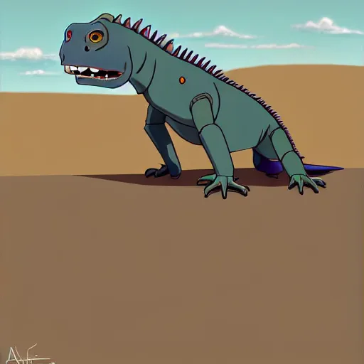 Image similar to a study of cell shaded cartoon of a grey robot iguana from howl's moving castle ( 2 0 0 4 ) on a desert road, full body, wide shot, very muted colors, post grunge, studio ghibli, laurie greasley, highly detailed, deviantart, art by artgem