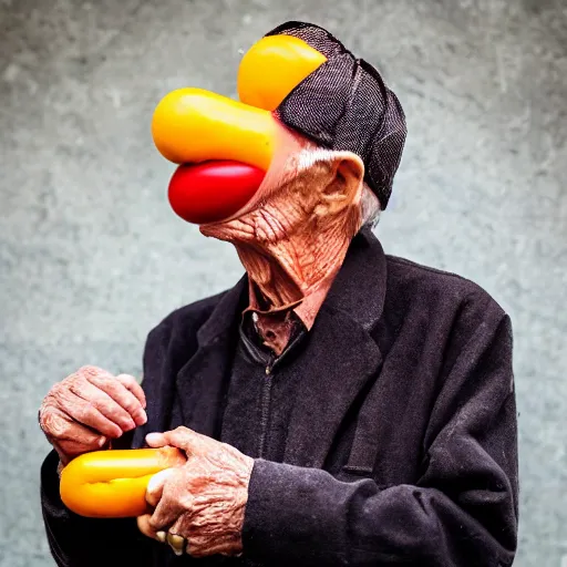 Prompt: an elderly man wearing a mask made from a hotdog, bold natural colors, national geographic photography, masterpiece, 8 k, raw, unedited, symmetrical balance