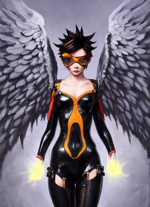 Image similar to full body artwork of tracer overwatch, wearing black latex outfit, in style of zdzisław beksinski, angel wings, dramatic painting, wearing detailed steel collar, black shiny armor, chains, black harness, detailed face and eyes,