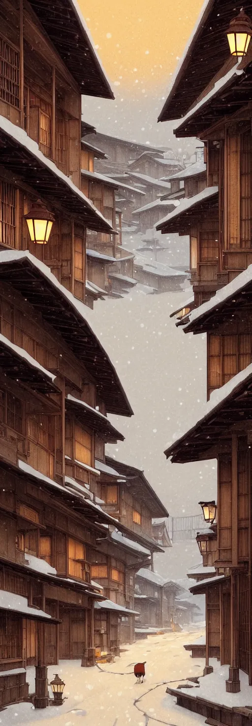 Image similar to empty rural japanese town at night, winter, in the style of studio ghibli, j. c. leyendecker, greg rutkowski, artem