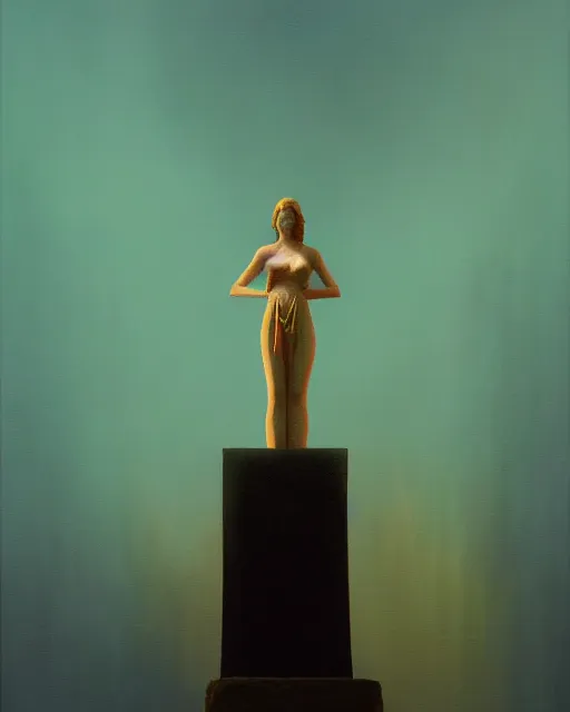 Image similar to a painting of a woman standing in front of a statue, a screenshot by stanley twardowicz, cgsociety, aestheticism, aesthetic, vaporwave, anime aesthetic