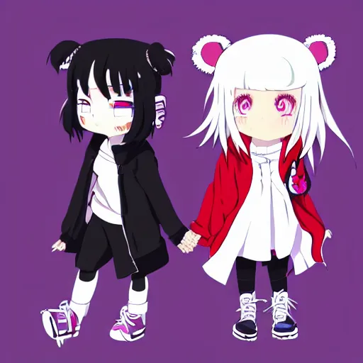 Prompt: two girls, a girl with short white hair and polar bear ears wearing an open black coat, another girl with long black hair wearinga purple hoodie with red eyes, anime key visual art, anime artystyle