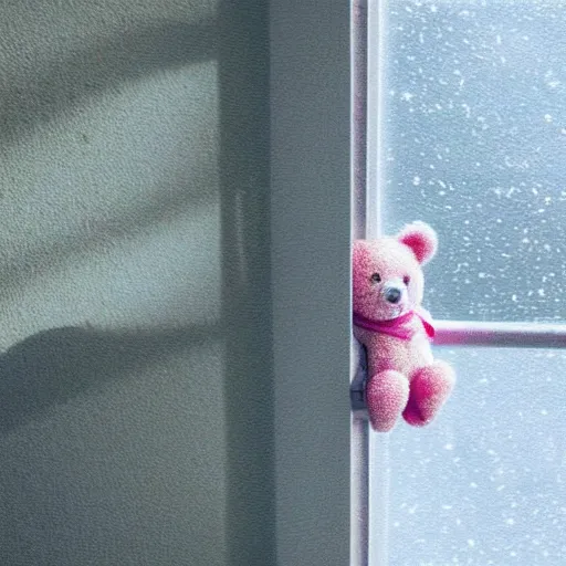 Prompt: a teddy bear leaning out the window, light reflections are seen through the window, professional photo, artstation trend, hdr