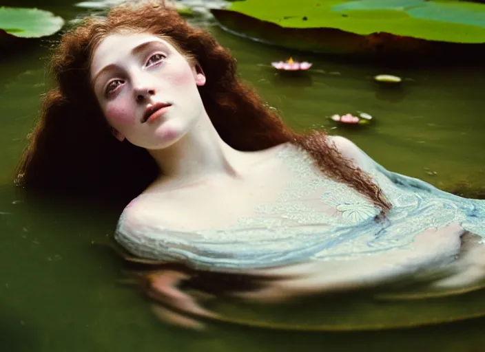 Image similar to Kodak Portra 400, 8K, soft light, volumetric lighting, highly detailed, britt marling style 3/4 ,portrait photo of a beautiful woman how pre-Raphaelites painter, the face emerging from the water of a pond with water lilies, part of the face is underwater, she has a beautiful lace dress and hair are intricate with highly detailed realistic beautiful flowers , Realistic, Refined, Highly Detailed, natural outdoor soft pastel lighting colors scheme, outdoor fine art photography, Hyper realistic, photo realistic