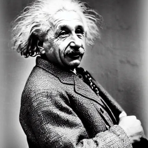 Image similar to photo of einstein wearing two gold chains and making gang signs with his hands