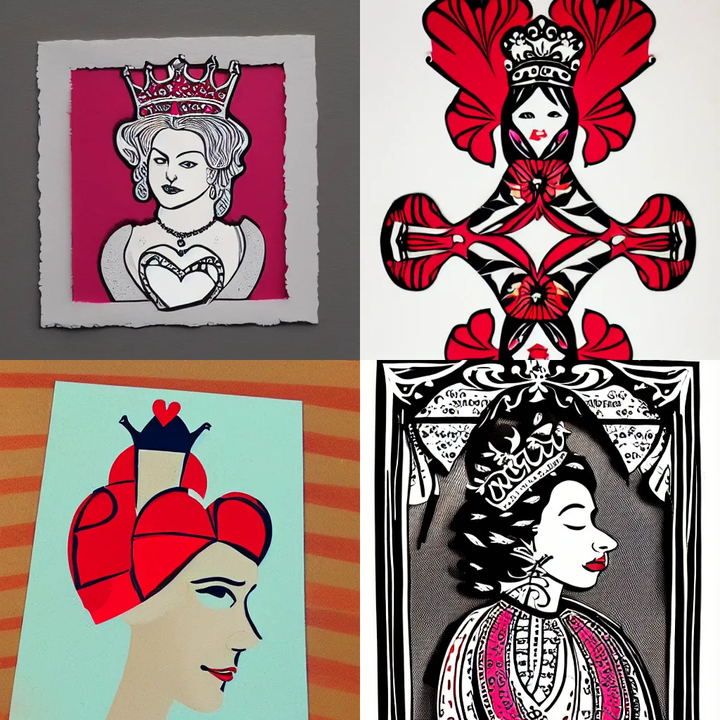 Prompt: queen of hearts, papercut illustration