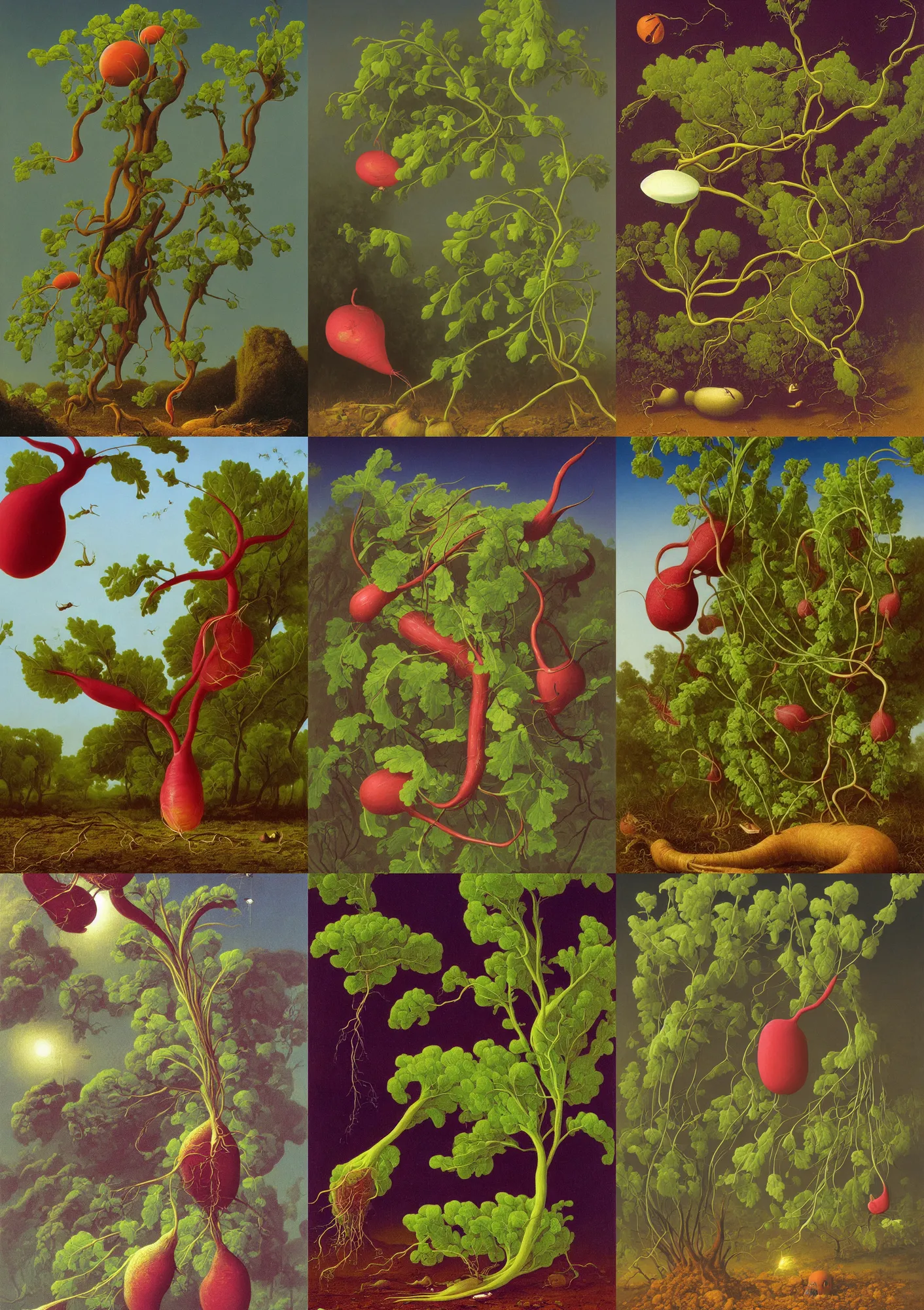 Prompt: a strange alien gasbag radish which pulls out of the ground and flies away, dirt - covered roots dangling below, fantasy art by martin johnson heade.