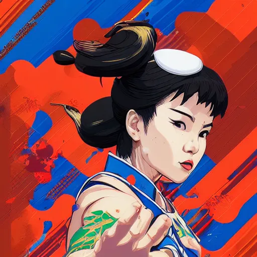 Image similar to Street Fighter 2 Chun-Li profile picture by Sachin Teng, asymmetrical, Organic Painting , adidas, Impressive, Award Winning, Warm, Good Vibes, Positive, geometric shapes, hard edges, energetic, intricate background, graffiti, street art:2 by Sachin Teng:4