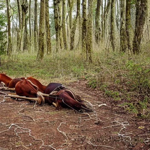 Image similar to two dead horses with many arrows on their body, lying on the woods path, dense thickets on each side, photo, 8 k