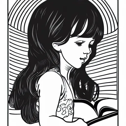 Image similar to clean simple line art of a little girl with short wavy curly light brown hair and blue eyes, reading a book. no background. well composed, clean, black and white, beautiful detailed face line art by ilya kuvshinov and alphonse mucha