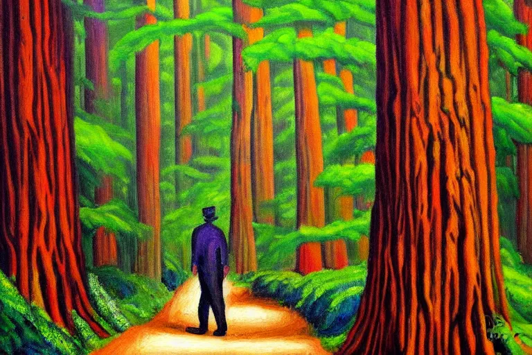 Image similar to a stunning wpa style painting of a man walking down a mysterious path in a redwood forest, award winning art