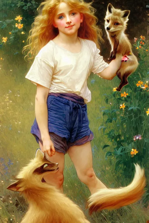 Image similar to a seven - year old with long curly dirty blonde hair, blue eyes, tan skin a tee shirt and shorts, playing with foxes, painting by daniel gerhartz, alphonse mucha, bouguereau, detailed art, artstation