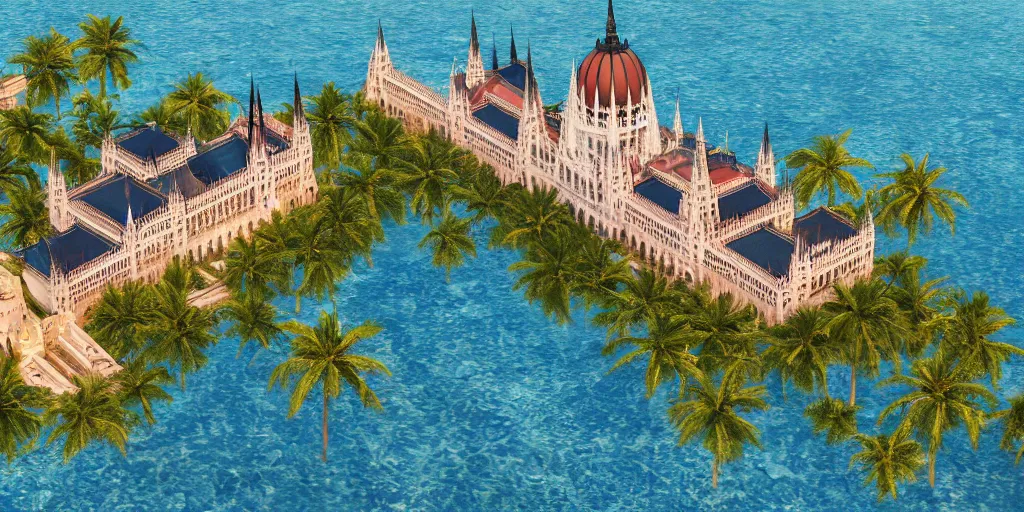 Prompt: the hungarian parliament underwater-beach, palm trees behind, aerial shot, real photography, unreal-engine, 4k, highly detailed by Thomas Kinkade, Trending on Artstation, Landscape vista