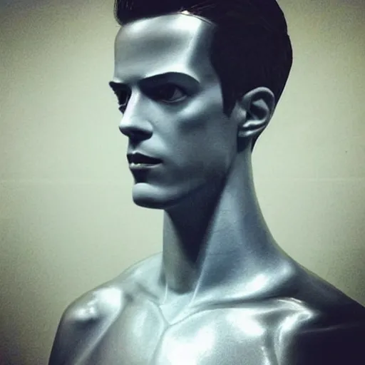 Image similar to “a realistic detailed photo of a guy who is an attractive humanoid who is half robot and half humanoid, who is a male android, actor Grant Gustin, shiny skin, posing like a statue, blank stare, at the museum, on display”