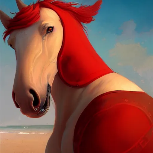 Image similar to beautiful commission of a male anthropomorphic horse wearing red shorts on the beach,digital art,art by greg rutkowski,ross tran,professional character design,artstation,deviantart,photorealistoc,hyperdetailed,detailed face,high resolution,high quality