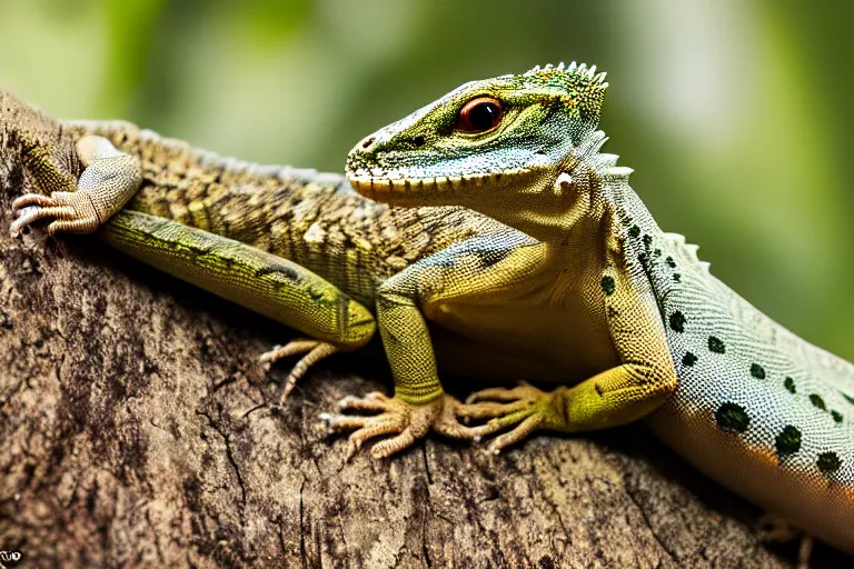 Image similar to photorealistic lizard, deep forest on all background, 5 0 mm, kanon, bokeh