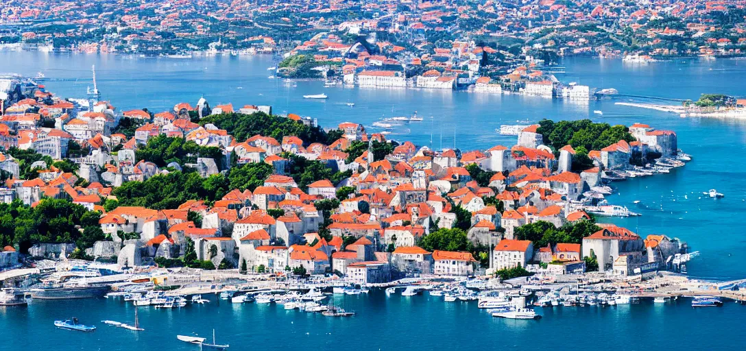 Prompt: landscape photo of croatian coastal city, futuristic, future, big towers, skyscrapers, big ships, photorealistic