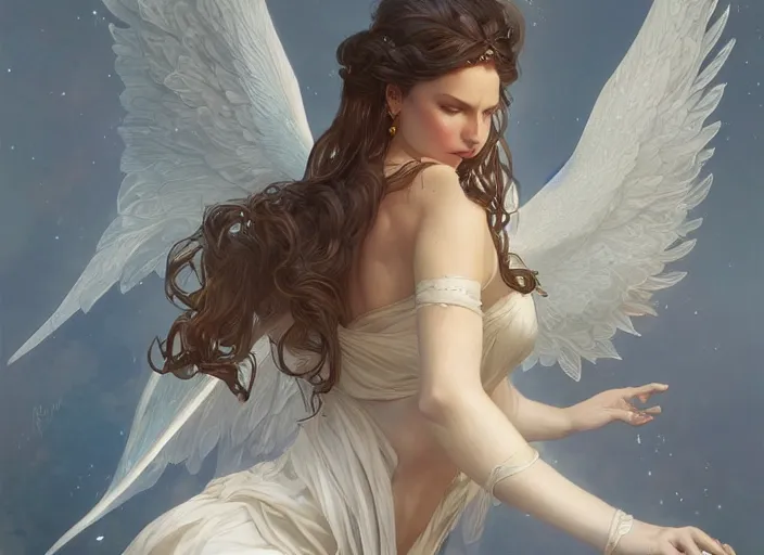 Image similar to beautiful angel, full body, d & d, fantasy, intricate, elegant, highly detailed, digital painting, artstation, concept art, smooth, sharp focus, illustration, art by artgerm and greg rutkowski and alphonse mucha