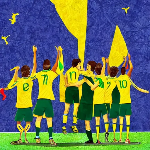 Prompt: Brazil winning the Soccer World Cup. Celebration. Excited people. Happiness. Artistic drawing. High quality. High fidelity. Devianart.