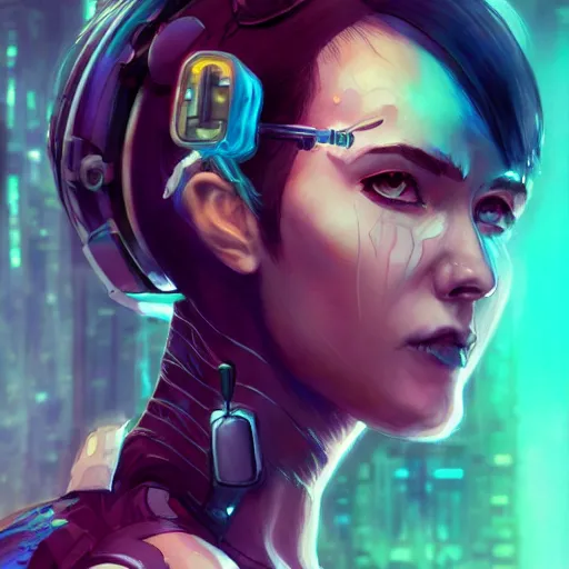 Image similar to cyberpunk character portrait in the style of thomas river and artgerm, lean face, cinematic lighting, sci - fi background, watercolor, low detail