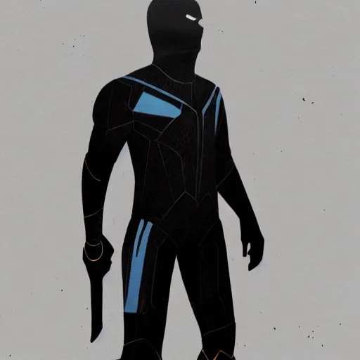 Image similar to a hero named rope man, his suit is black and blue and he has a bat like wing suit under it, mystic, concept art, artstation, greg rutkowski, reference sheet