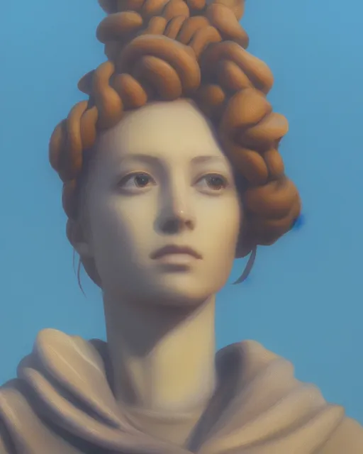 Image similar to a painting of a woman standing in front of a statue, a screenshot by stanley twardowicz, cgsociety, aestheticism, aesthetic, vaporwave, anime aesthetic