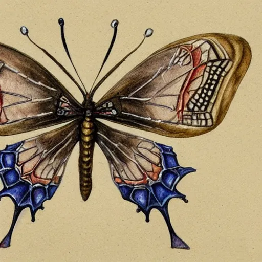 Prompt: very precise anatomy plan of a steampunk butterfly. photoreal picture annotated with black pencil. watercolor