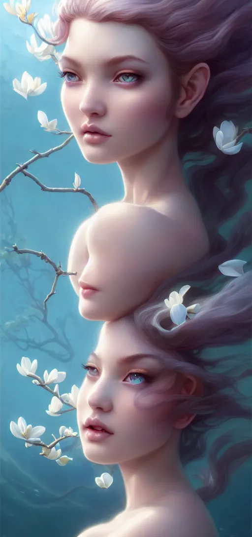 Image similar to character art of a goddess of magnolias as windy dusty underwater angelic young female | | seductive - fine - face, pretty face, key visual, realistic shaded perfect face, fine details by artgerm, wlop, tom bagshaw, james jean, andrei riabovitchev, marc simonetti, trending on artstation