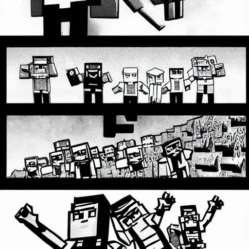 Image similar to Minecraft comic page, inked, superhero comic