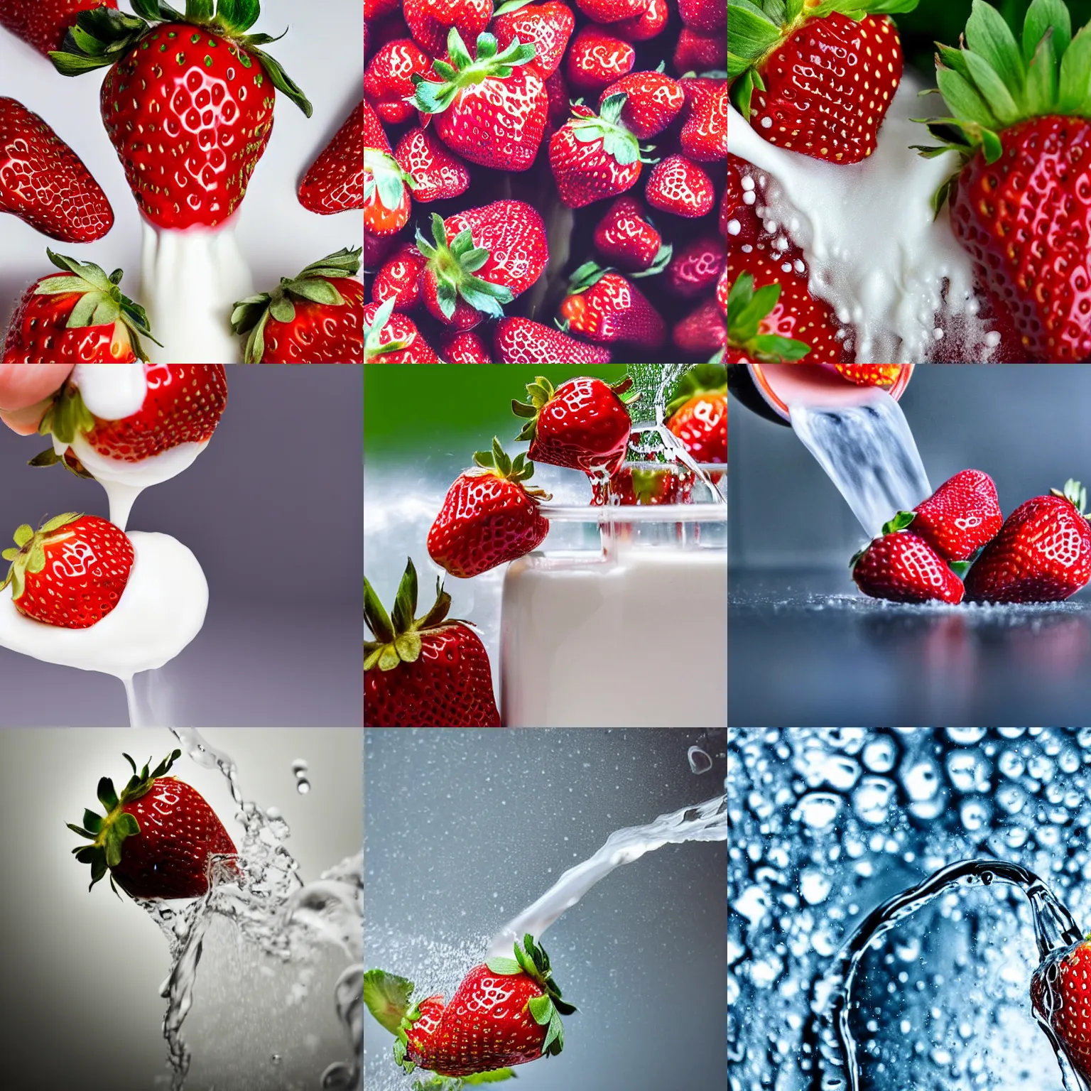 Prompt: a close up photo of milk pouring over a strawberry, macro, highly detailed,