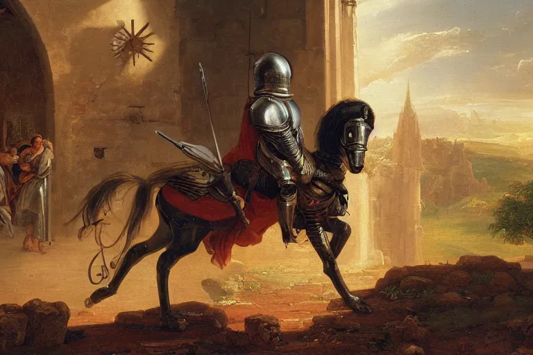 Image similar to an oil painting of a knight wearing plate armor entering a medieval church on a horse, 4 k, highly detailed, painted by thomas cole