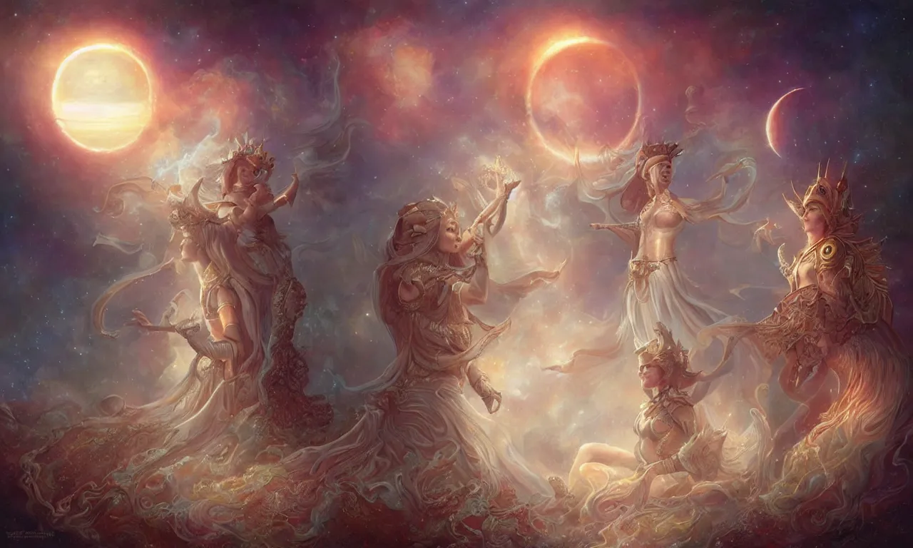 Image similar to sun king and moon queen in the cosmic court of mystical astronomy, art by tom bagshaw and marc simonetti