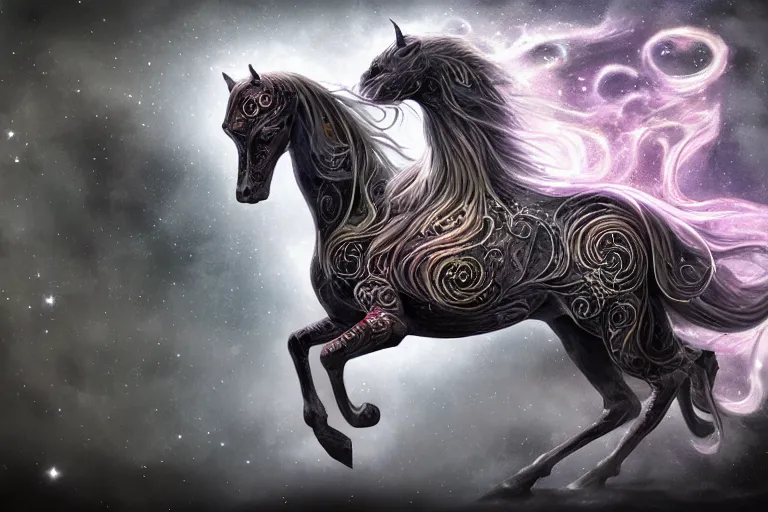 Image similar to a wlop 3 d render of very very very very highly detailed beautiful mystic portrait of a phantom undead horse with whirling galaxy around, tattoos by anton pieck, intricate, extremely detailed, digital painting, artstation, concept art, smooth, sharp focus, illustration, intimidating lighting, incredible art,