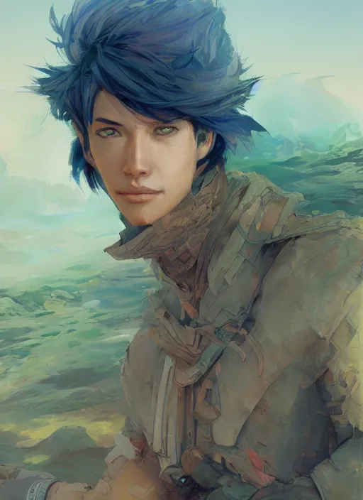 Prompt: a portrait of a male character in a scenic environment by Ross Tran and by Jesper Ejsing and by Mikalojus Konstantinas Ciurlionis