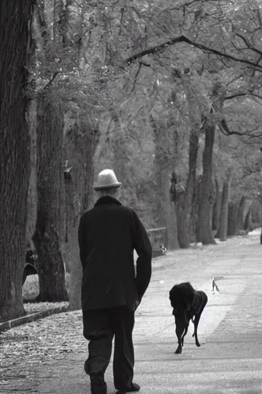 Prompt: a man walking his dog by dr. seuss