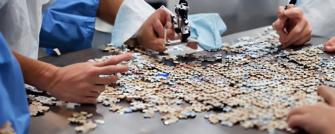 Image similar to a surgeon using a scalpel on a jigsaw puzzle on a table